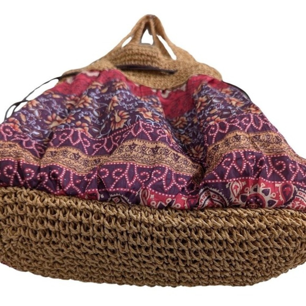 Boho Tote Shoulder Cinch Bag‎ Drawstring Closure Woven Straw Geometric Pattern - Picture 5 of 14